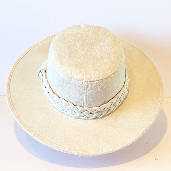 Accessories Ivory Faux Suede Braid Trim Flat Top Boater Hat Poshmark